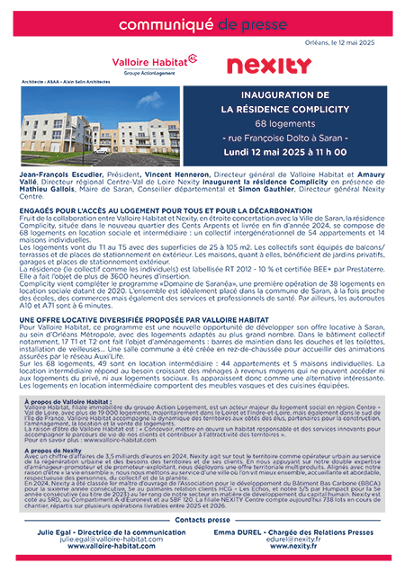 Inauguration de la résidence Complicity à Saran – lundi 12 mai 2025