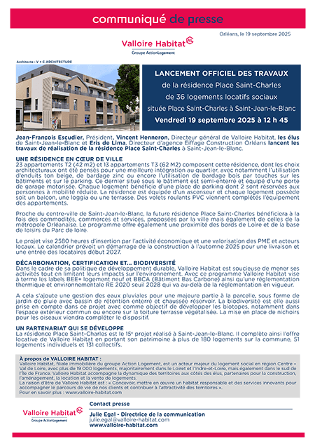 Lancement officiel des travaux de la résidence Place Saint-Charles à Saint-Jean-le-Blanc – vendredi 19 septembre 2025