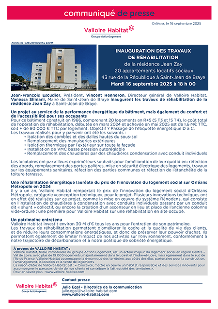 Inauguration des travaux de réhabilitation de la résidence Jean Zay à Saint-Jean de Braye – Mardi 16 septembre 2025