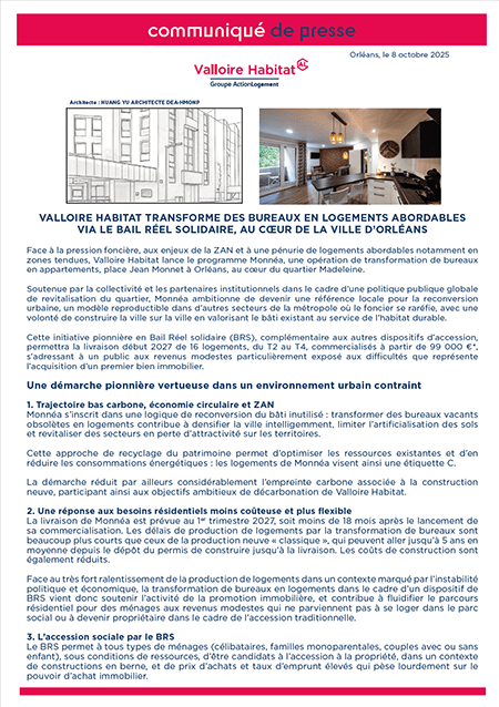 Valloire Habitat transforme des bureaux en logements abordables via le Bail Réel Solidaire, au cœur de la ville d’Orléans