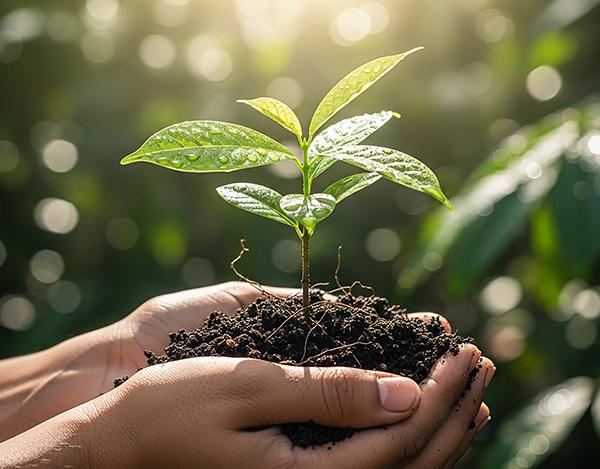 High-resolution photo of human hands cradling a young green plan orientation strategique