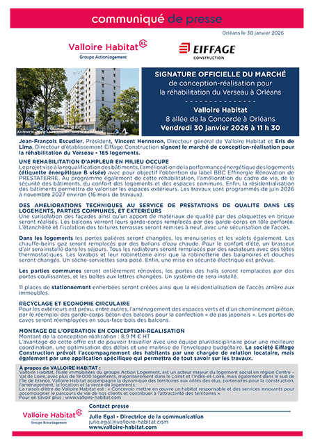 Signature officielle du marché de conception-réalisation pour la réhabilitation du Verseau à Orléans – 30 janvier 2026