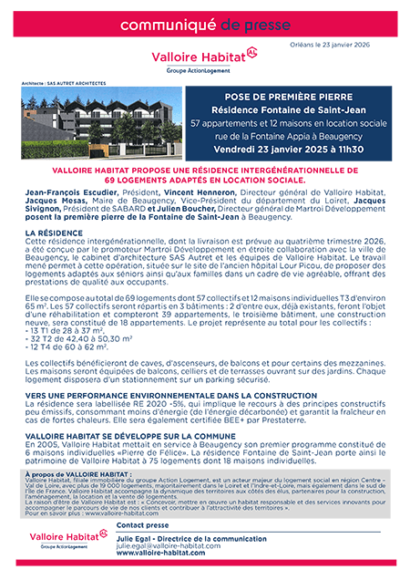 Pose de la première pierre de la résidence Fontaine de Saint-Jean à Beaugency le 23 janvier 2026
