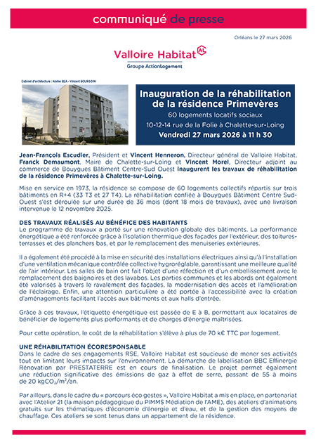 Inauguration de la réhabilitation de la résidence Primevères – 27 mars 2026 à Chalette-sur-Loing