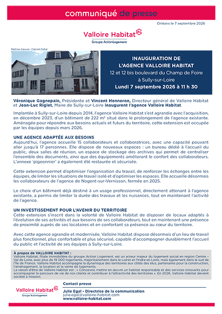 Inauguration de l’agence Valloire Habitat à Sully-sur-Loire, 7 septembre 2026